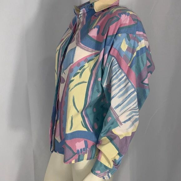 Vintage 80’s Unique Pastel Funky Print Bold Shoulder Button Down Long Sleeve Shi - Picture 7 of 16